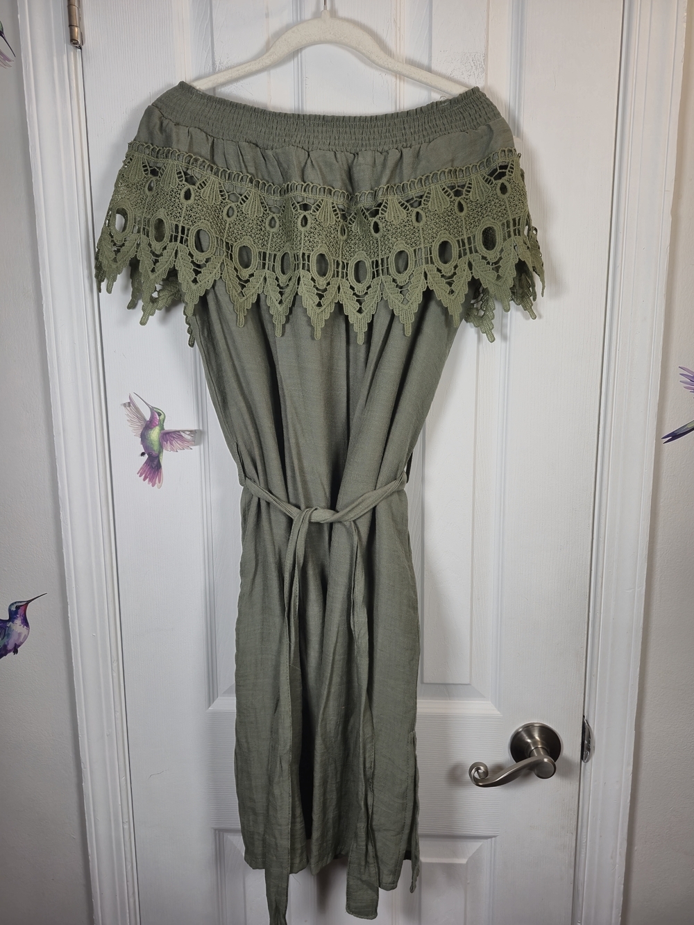 NWT L.O.V.E. Olive Green Off-Shoulder Crochet Lace Trim Boho Midi Dress